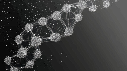 Poster - Abstract Grey DNA Strand with Connecting Polygon Lines and Dots on Black Background, Minimalist Low Poly Vector, Science and Research Concept