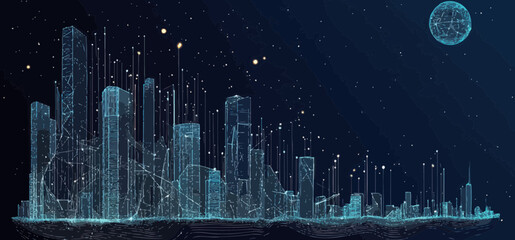 Poster - Futuristic Megalopolis Skyline in Starry Space with Wireframe Design of Planets and Stars, High-Tech Urban Vector Concept for Modern Technology and Architecture Enthusiasts