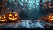 © LookChin AI - Spooky Halloween Pumpkins and Autumn Leaves on Rustic Wooden Table with Mysterious Lighting