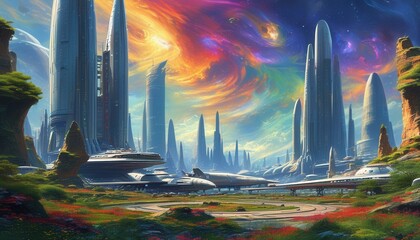 Vibrant Vision of a Futuristic Spaceport Landscape