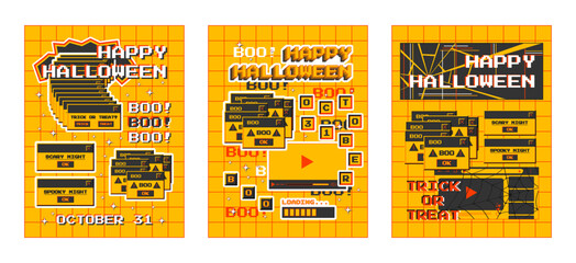 Aufkleber - Set of Halloween posters in y2k style. Pop-up windows with inscriptions. Trick or treat, scary night, spook night, boo. Vector template of banner, post, cover