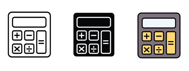 Fototapete - three basic calculator icons in outline, silhouette and in editable color, unexpected vector form is