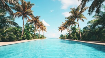 A long pool with palm trees on either side