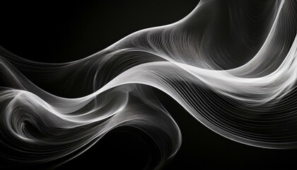 Abstract waves of white lines on a black background, create a sense of movement and depth. Abstract White Smoke Swirls on Black Background. Monochrome Wavy Lines