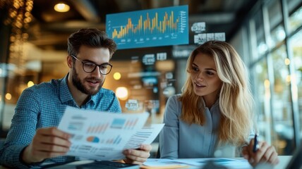 Two colleagues discussing financial reports, graphs floating in the background, financial negotiation, business decision