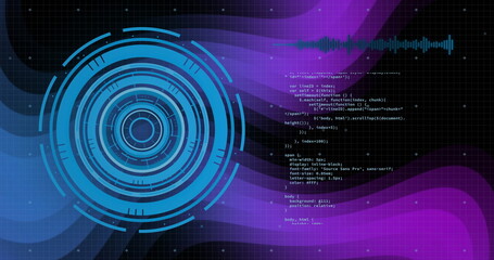 Poster - Image of data processing and scope over dark background