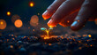 © HQAsset - A Hand Gently Nurturing a Tiny Sprout Emerging from the Dark Soil with Glowing Lights in the Background