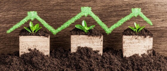 Canvas Print - A creative representation of growth, featuring plants in boxes resembling houses and a green upward trend, symbolizing sustainability and development.