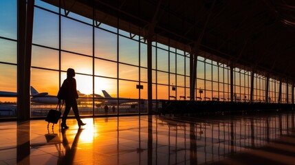 Silhouette of a traveler briskly walks with luggage in a sunlit airport terminal, embodying movement and adventure against a backdrop of airplanes.