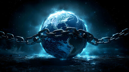 A Gloomy 3D Illustration of a Glowing Earth Bound by a Large Chain, Surrounded by a Black, Starry Sky