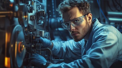 A focused technician in protective gear works on complex machinery in a dimly lit environment, highlighting precision and expertise.