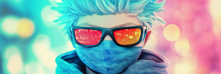 Wall Mural - A young man with blue hair wears sunglasses and a face mask, standing in front of a colorful bokeh background.