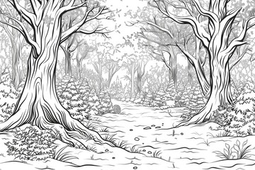 Wall Mural - Coloring book illustration of a tranquil forest path in winter