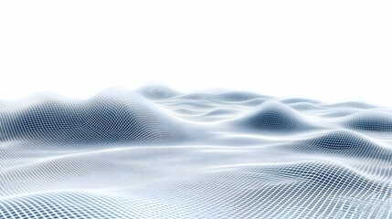 Abstract 3D landscape of a blue grid surface waves against a white background.