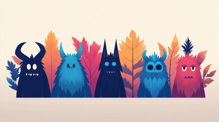 Poster - A group of colorful monsters peek over a wall of leaves.