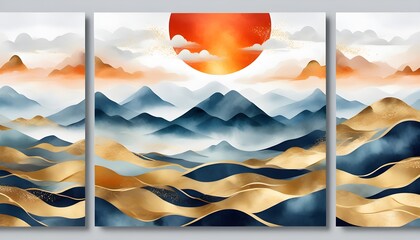 Wall Mural - Golden Sunset Illuminating Majestic Mountain Range in Abstract Landscape Art Panels