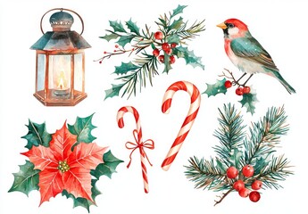 Wall Mural - Christmas symbols in watercolor. Hand-painted and isolated winter plants, bullfinch bird, decor. Holiday floral and object illustration for design, print, and background.