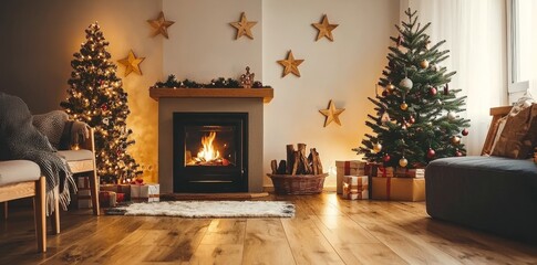 An interior with a new year tree in scandinavian style and fireplace decorated for the holidays