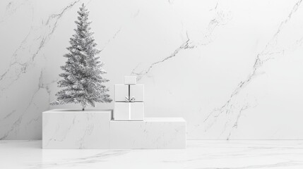 Wall Mural - Marble podium for product placement in Christmas background decor by wrapping paper and ribbons attached to Christmas trees