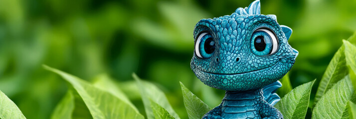 Sticker - A cute blue lizard with big eyes peeking through green leaves.