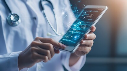 Canvas Print - A healthcare professional interacts with a smartphone displaying digital health data, highlighting the integration of technology in medicine.