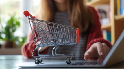 Wall Mural - a person using a laptop with a shopping cart, symbolizing online shopping and digital commerce.
