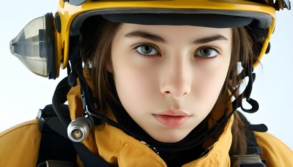 Wall Mural - Courageous young female firefighter in protective gear with helmet, goggles, and oxygen tank ready for action