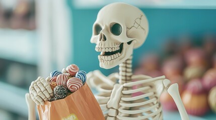 Canvas Print - Skeleton holding bag of candy.