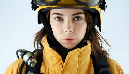 Wall Mural - Courageous young female firefighter in protective gear with helmet, goggles, and oxygen tank ready for action