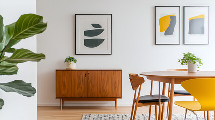 Stylish scandinavian living room interior of modern apartment with wooden commode, design table, chairs, carpet, abstract paintings on the wall and personal accessories in unique home decor. Template.