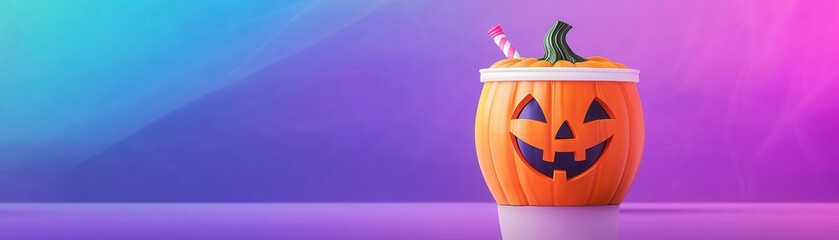 Canvas Print - Pumpkin Drink with Straw on Purple and Blue Background.