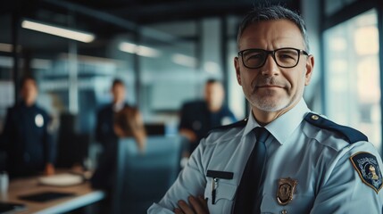 Portrait of a confident mature police officer standing with arms crossed in police station