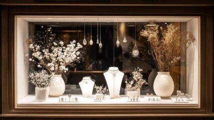 Sticker - A window display with vases and necklaces in it