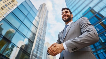 A businessman smiling while shaking hands with a partner in front of a skyscraper, symbolizing a successful deal.