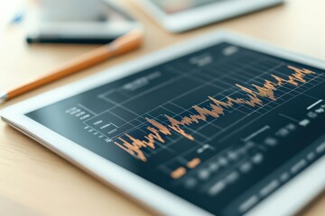 Financial model graph on a tablet during business consultation, photorealistic