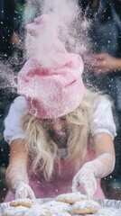 Poster - A woman in a pink hat and apron making cookies