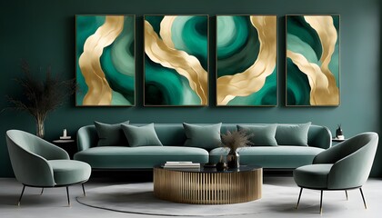 Wall Mural - Graceful Green and Gold Leaf Abstract Triptych Highlighting Serene Fluid Forms