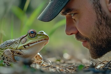 Close-up of a man and a green frog looking at each other in a natural setting.