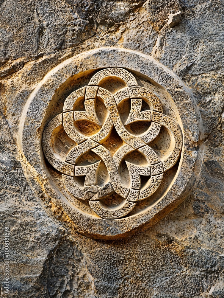 An elaborate emblem of wisdom carved into ancient stone embodies the ...