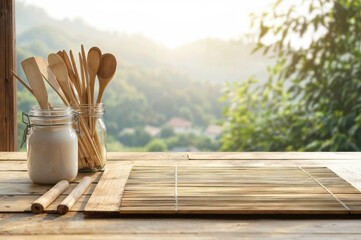 Bamboo kitchen utensils resting on wooden table in rustic kitchen