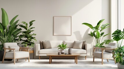 Wall Mural - A modern living room featuring a cozy sofa, stylish chairs, and lush indoor plants, creating a serene and inviting atmosphere.