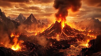 Wall Mural - A large volcano erupts in a mountainous region, sending plumes of smoke and ash into the sky