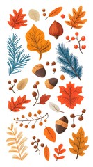 Poster - Autumn leaves, acorns, and evergreen branches vector illustration on a white background. Flat cartoon design of fall season elements for a greeting card or decoration.