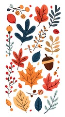 Wall Mural - Autumn leaves, acorns, and evergreen branches vector illustration on a white background. Flat cartoon design of fall season elements for a greeting card or decoration.