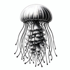 Black and white jellyfish illustration on white background