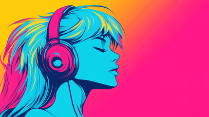 Poster - Woman listening to music with headphones.