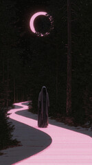 Sticker - Mysterious figure walks down a path lit by a pink moon.