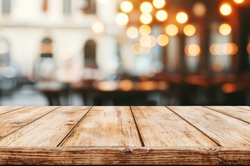 Poster - Empty wooden table top with blurred restaurant background