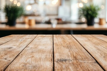 Poster - Empty wooden tabletop with blurred restaurant background