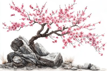 Sticker - traditional chinese painting, sakura tree, high detail, uncropped, detailed, crisp rendering, issolated white background,